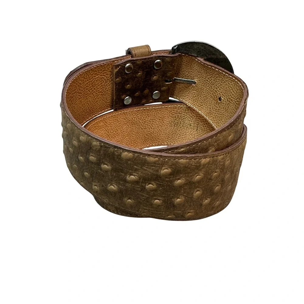Western Brown Ostrich Embossed Leather Wide Belt Ornate Silver Crescent Buckle